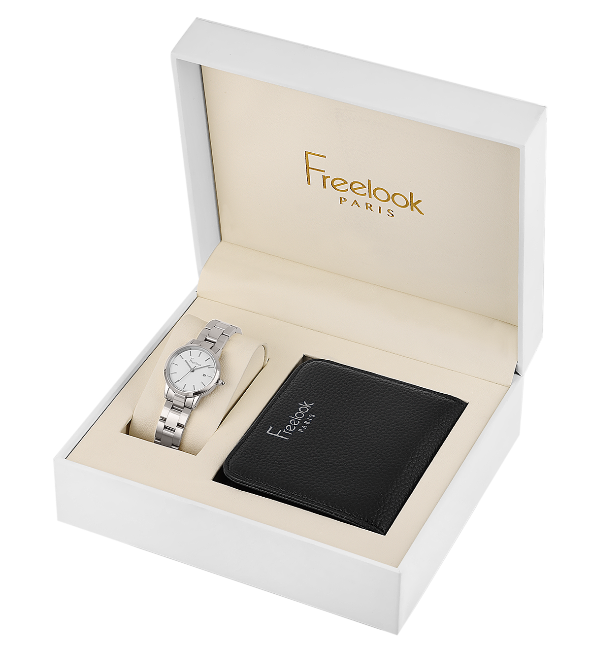 A high-angle studio shot of the Freelook Paris women's luxury 2-piece gift set inside an opened white presentation box, showcasing the stainless steel link bracelet watch with its clean white dial resting on a cushion beside a black pebbled leather wallet stamped with a silver Freelook logo.
