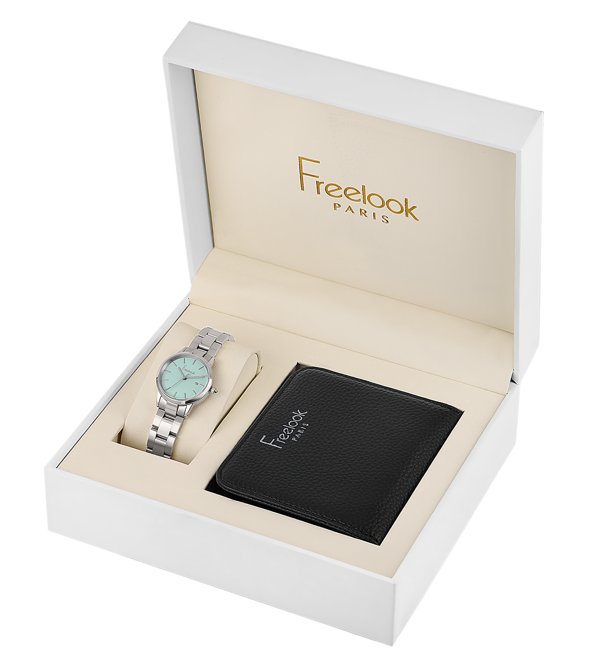 A high-angle studio shot of the Freelook Paris women's luxury 2-piece gift set inside an opened white presentation box, showcasing the stainless steel link bracelet watch with its light blue dial resting on a cushion beside a black pebbled leather wallet stamped with a silver Freelook logo.
