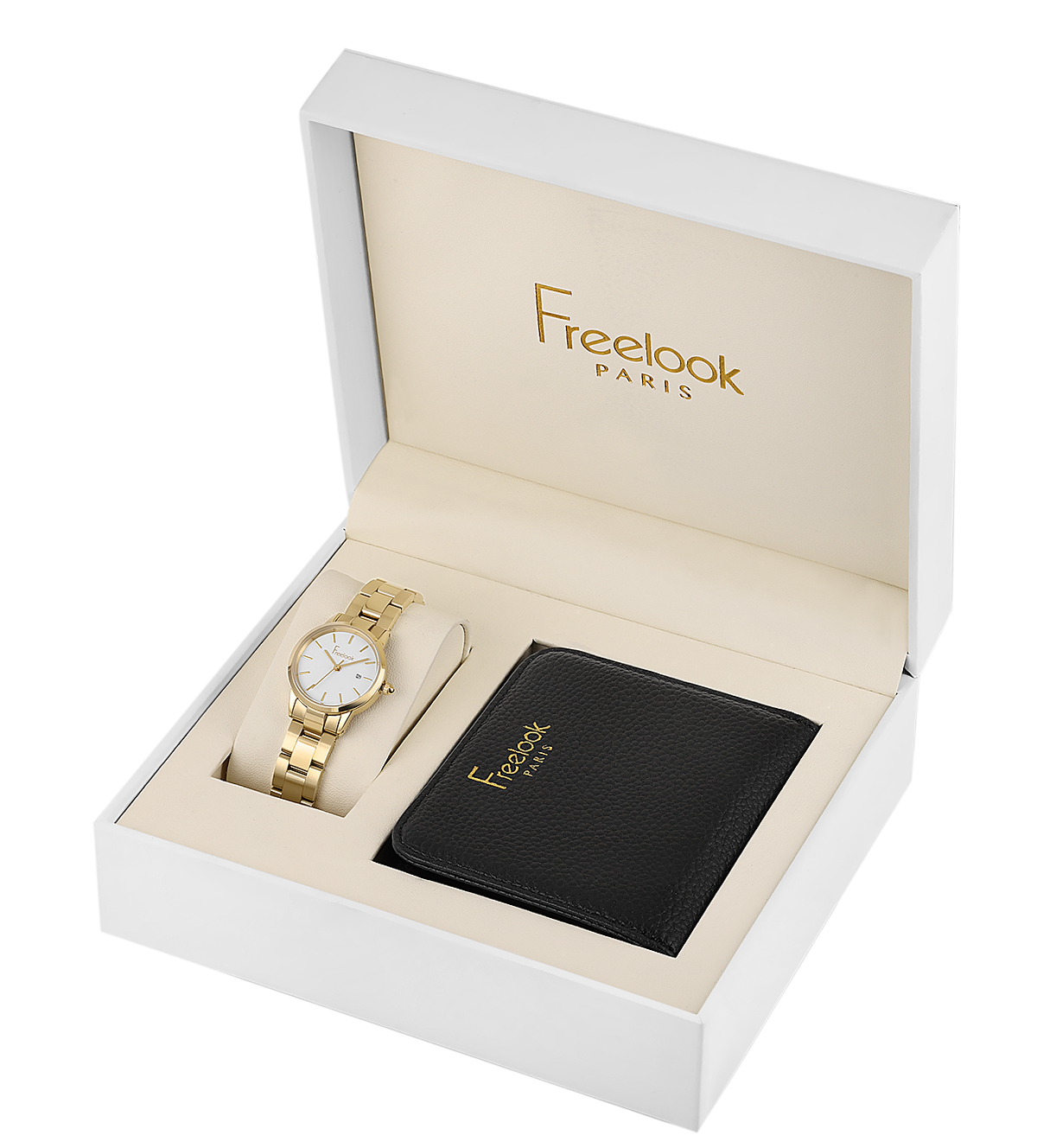 A high-angle studio shot of the Freelook Paris luxury 2-piece gift set inside an opened white presentation box, showcasing the gold-plated link bracelet watch on a cushion and the black pebbled leather wallet stamped with the gold Freelook logo.