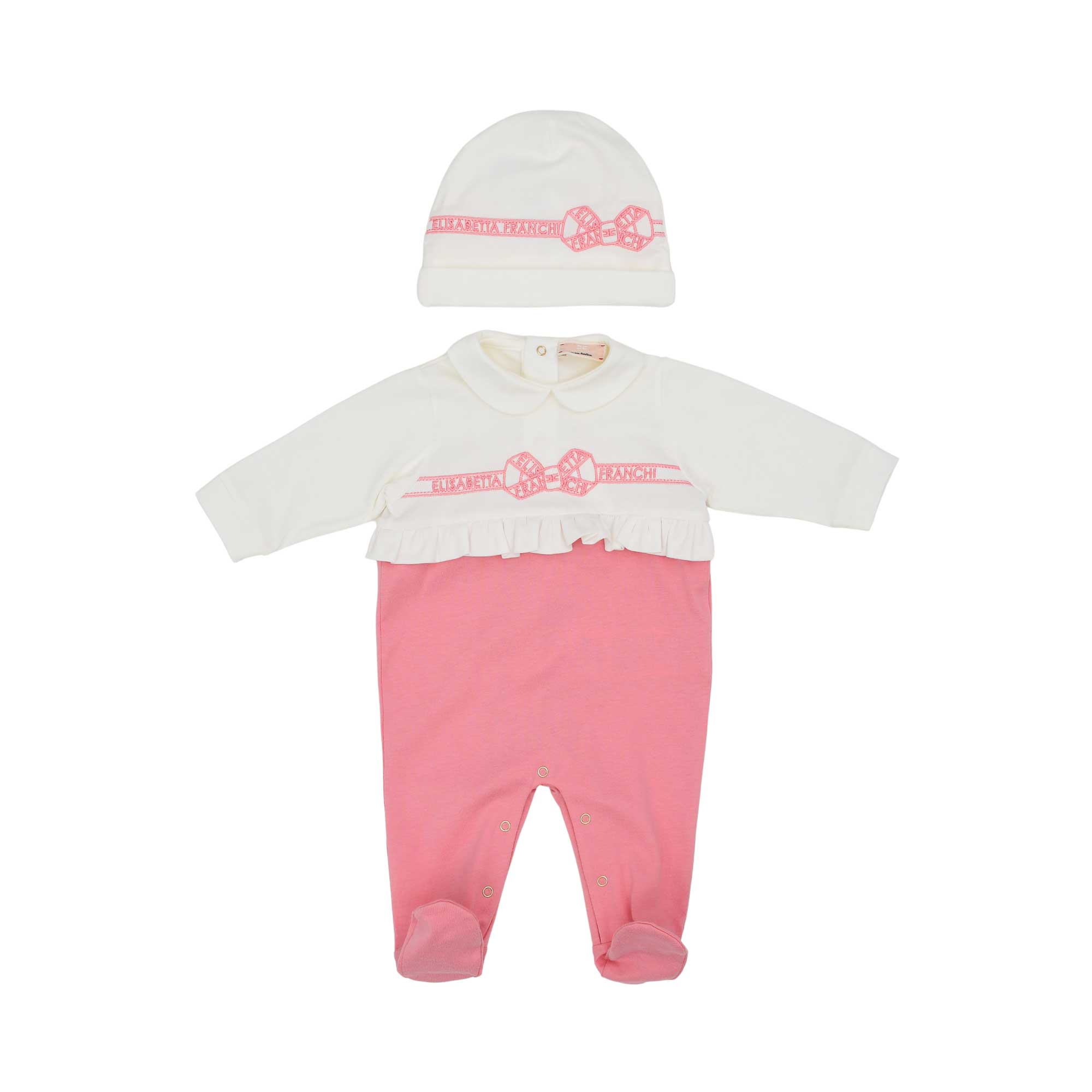 Elisabetta Franchi Kids New Born Girl's Cotton Sleepsuit with Embroidered Bow & Hat