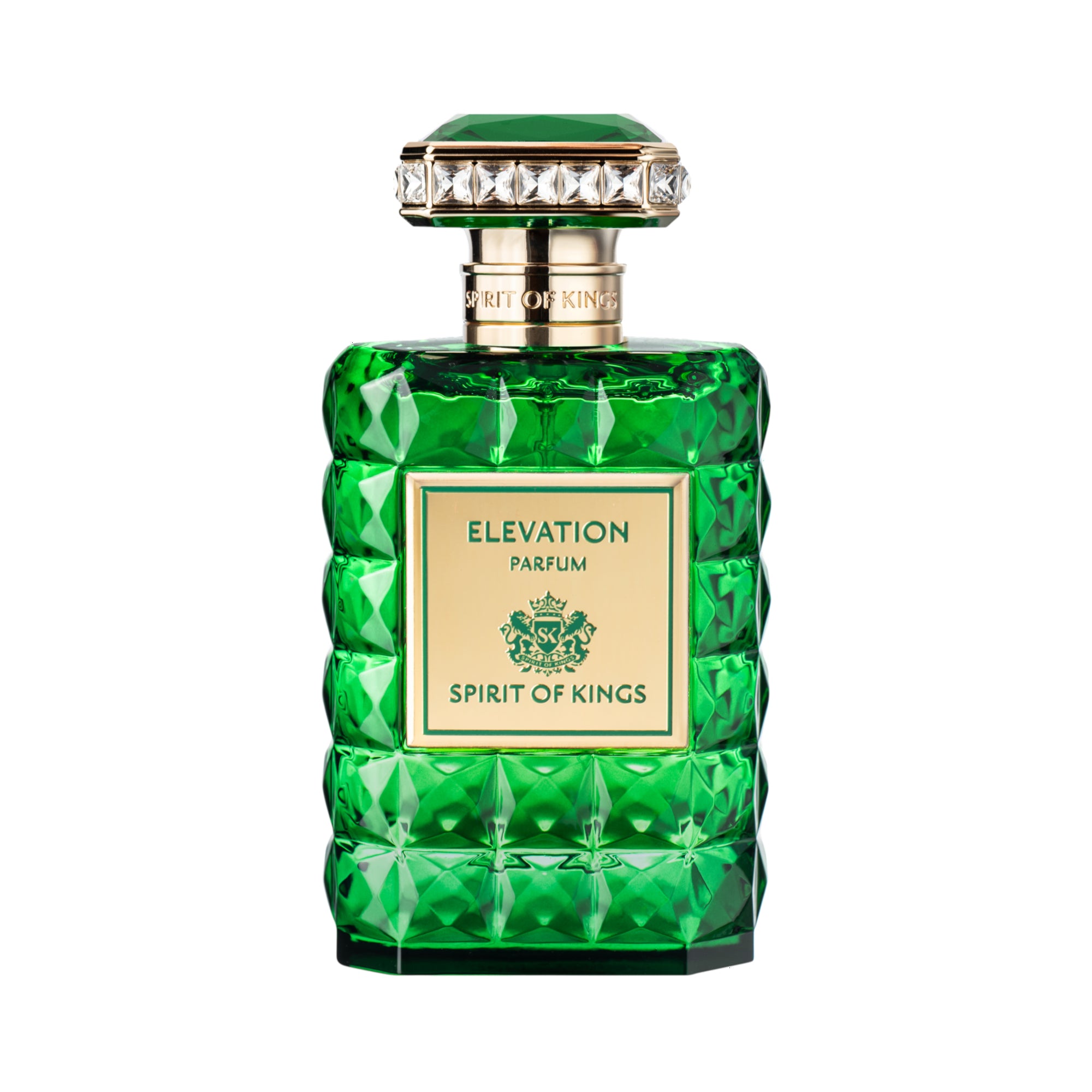 Emerald green faceted glass perfume bottle with a gold-toned neck and a cap featuring a green faceted top and a band of clear