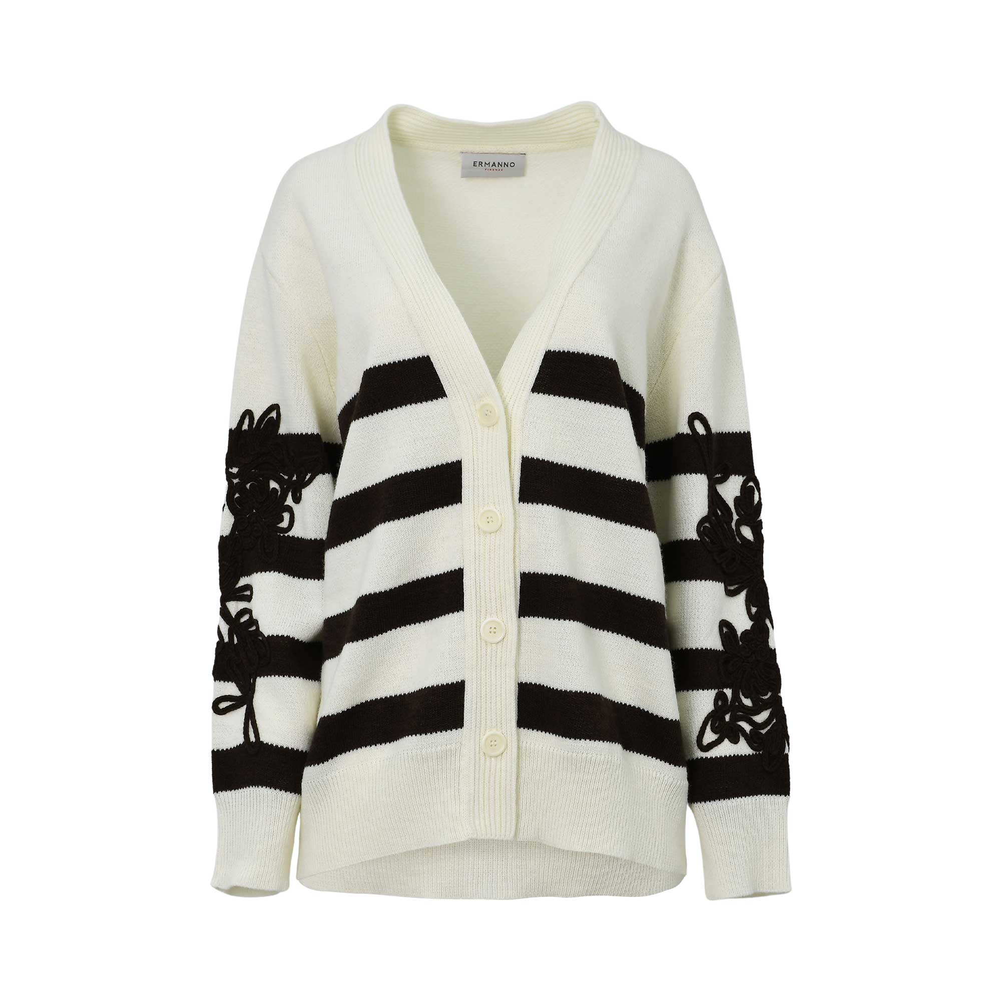 A white and black striped V-neck cardigan by ERMANNO FIRENZE with intricate black floral lace embroidery on the sleeves.