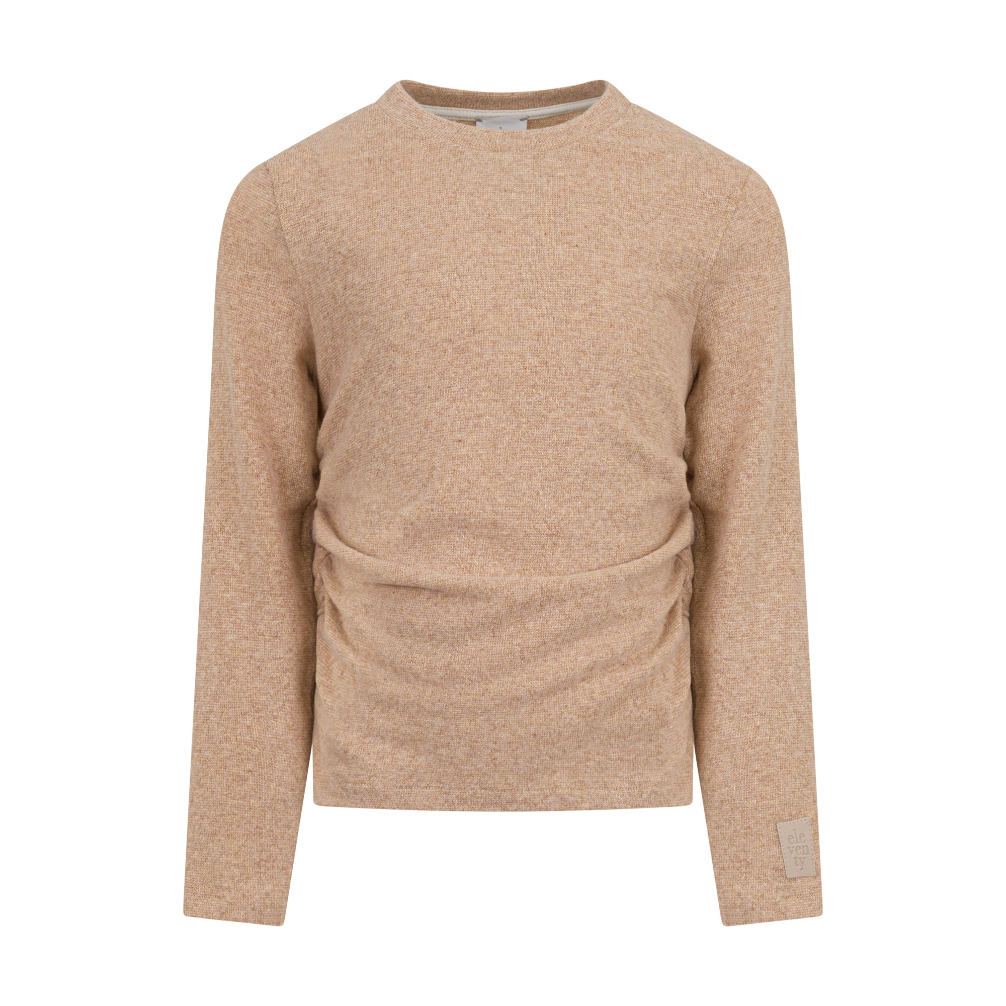 Eleventy Kids long sleeve top in beige, featuring a round neck and ruched detail on the front torso, with a brand patch on th