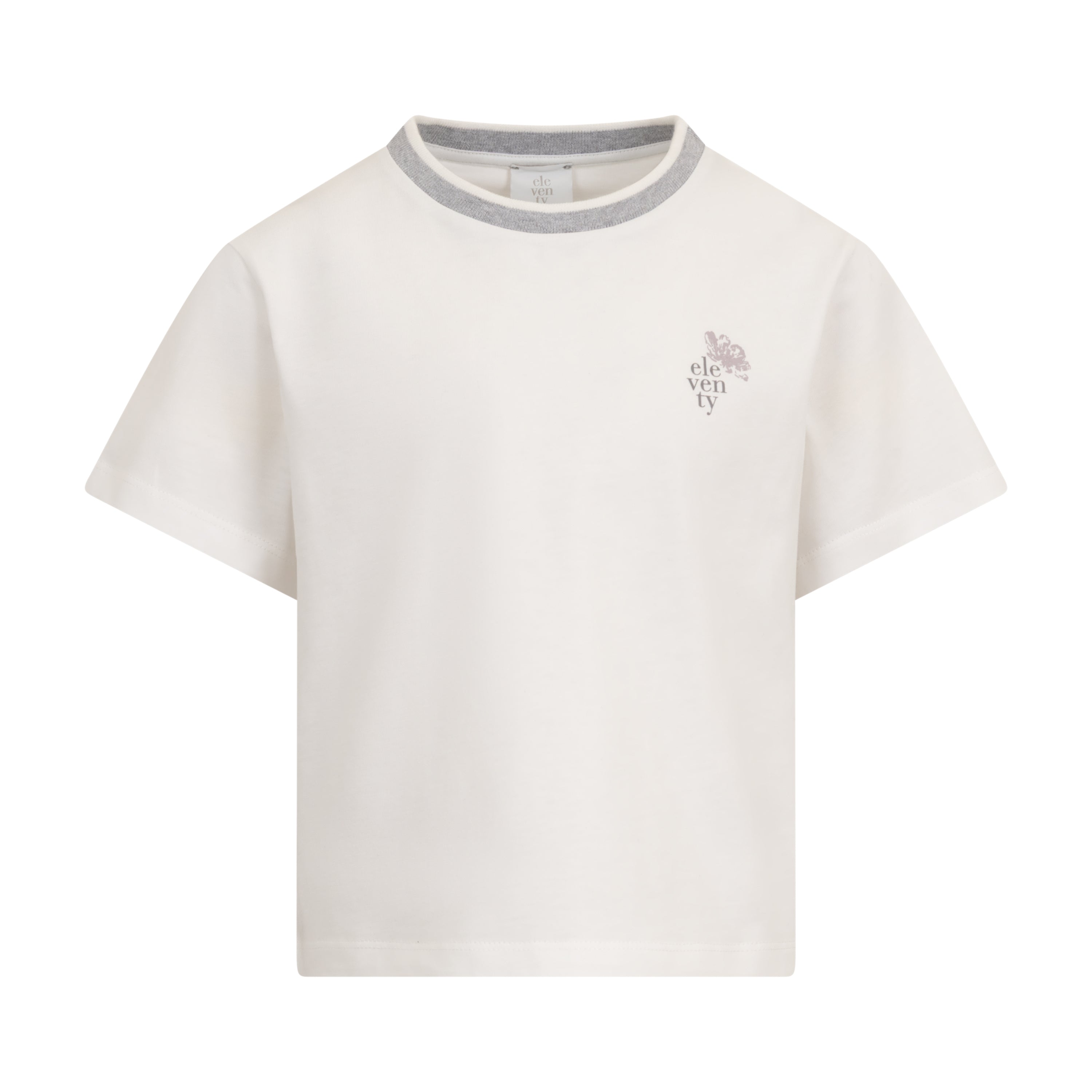 Eleventy Kids ivory short-sleeved t-shirt with a grey ribbed crew neck and a small embroidered logo on the chest.