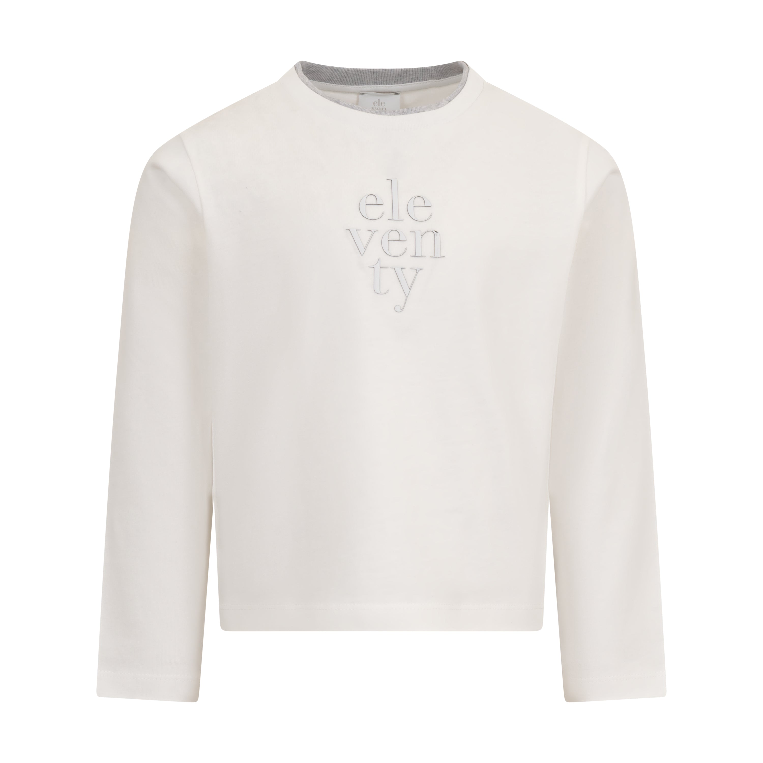 Ivory long-sleeved crew neck t-shirt with a silver-toned "eleventy" logo on the chest and grey inner neck trim.