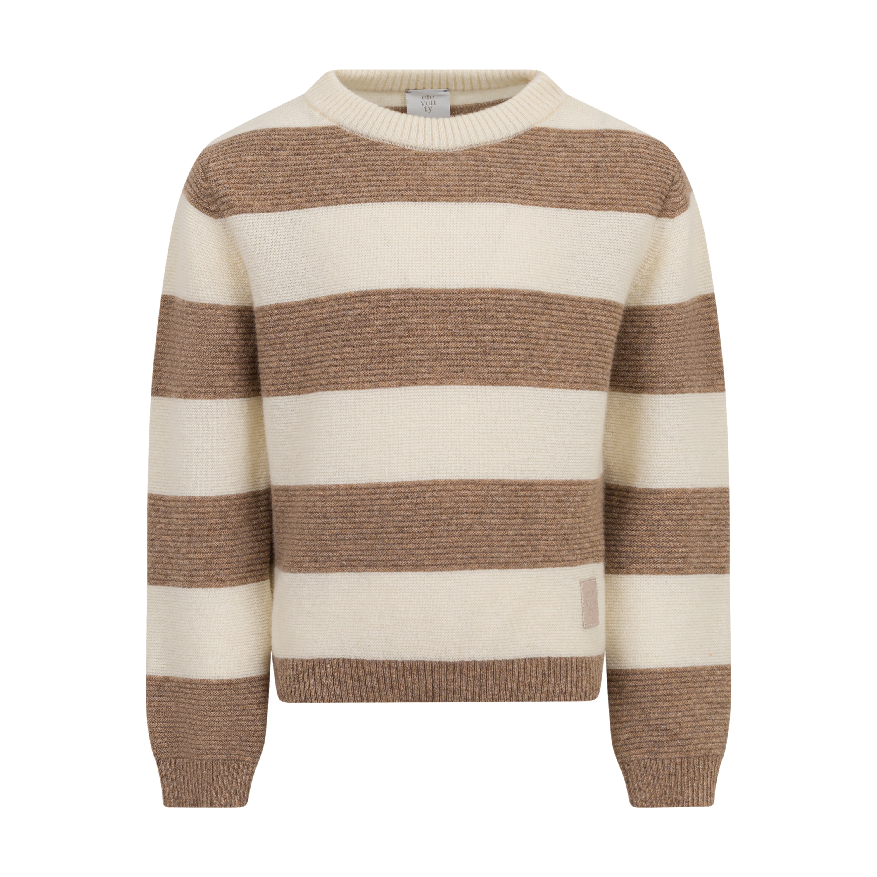 Eleventy Kids cream and brown horizontal striped knit pullover sweater with a crew neck and ribbed trims.