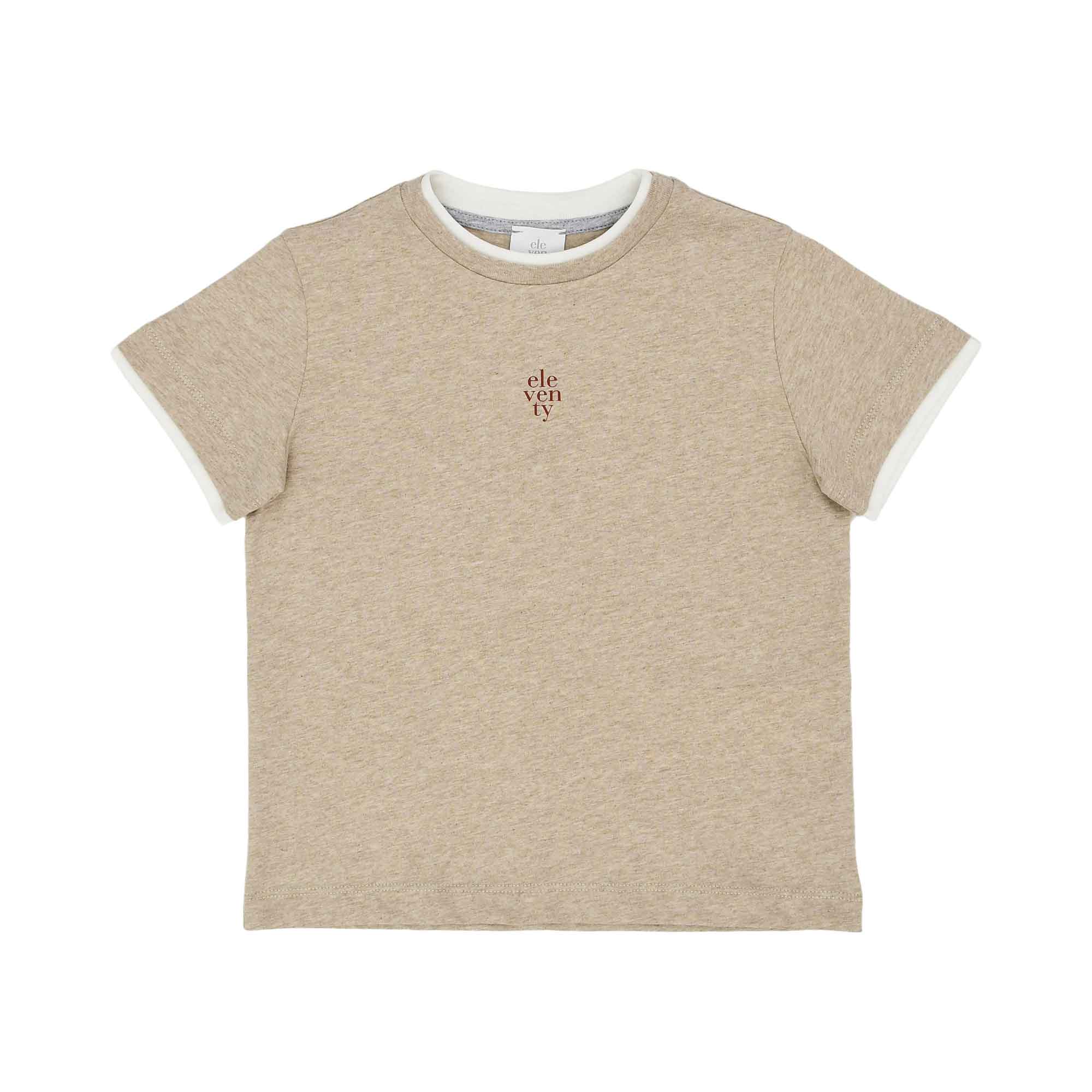 Front view of a beige melange Eleventy Kids t-shirt for boys, featuring white contrast trim and a small brown stacked logo in the center.