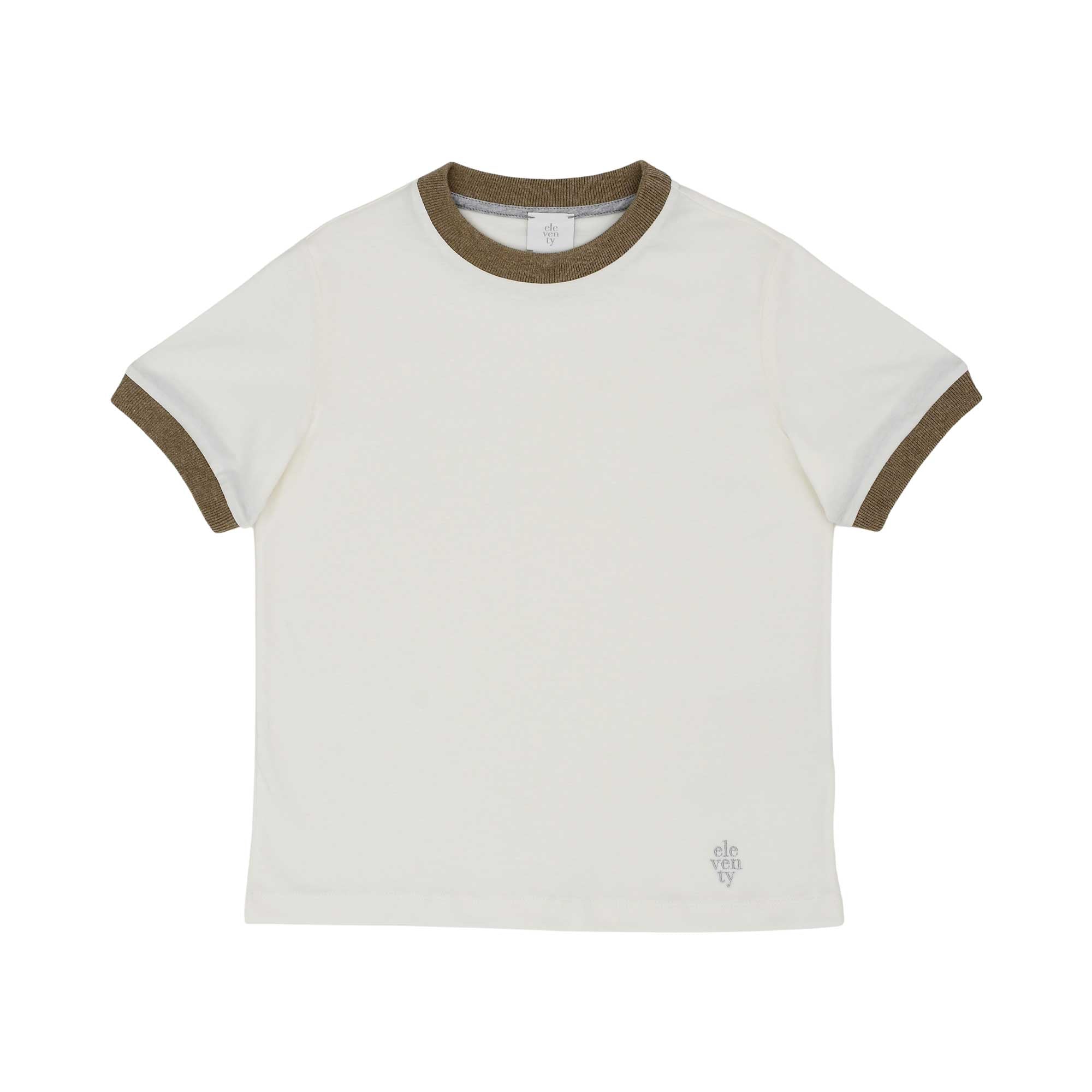 Front view of a cream Eleventy Kids t-shirt featuring olive-brown ribbed trim on the neck and sleeves.