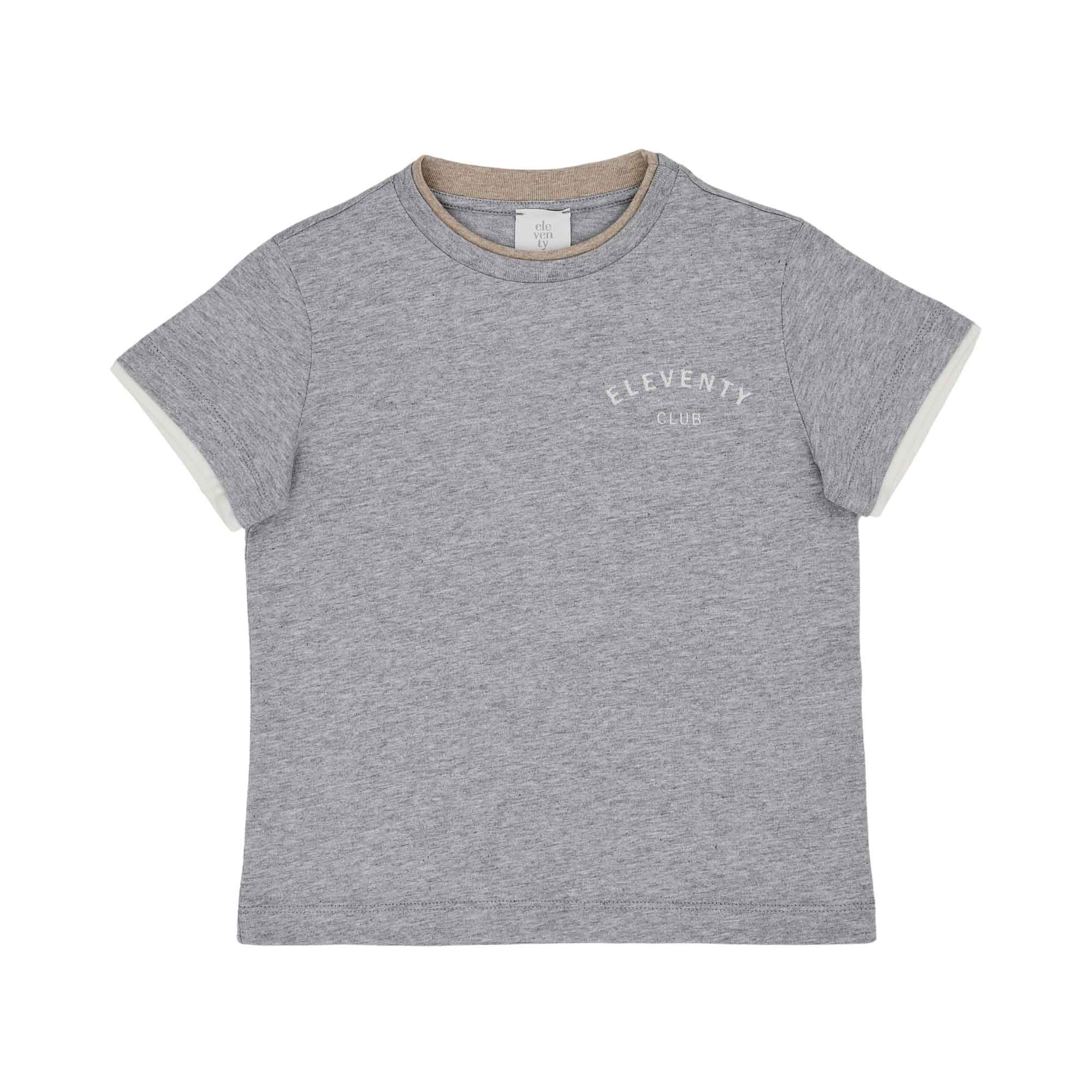 Front of a boys' heather grey Eleventy Kids t-shirt featuring a tan contrast collar, white sleeve trim, and "Eleventy Club" printed on the chest.