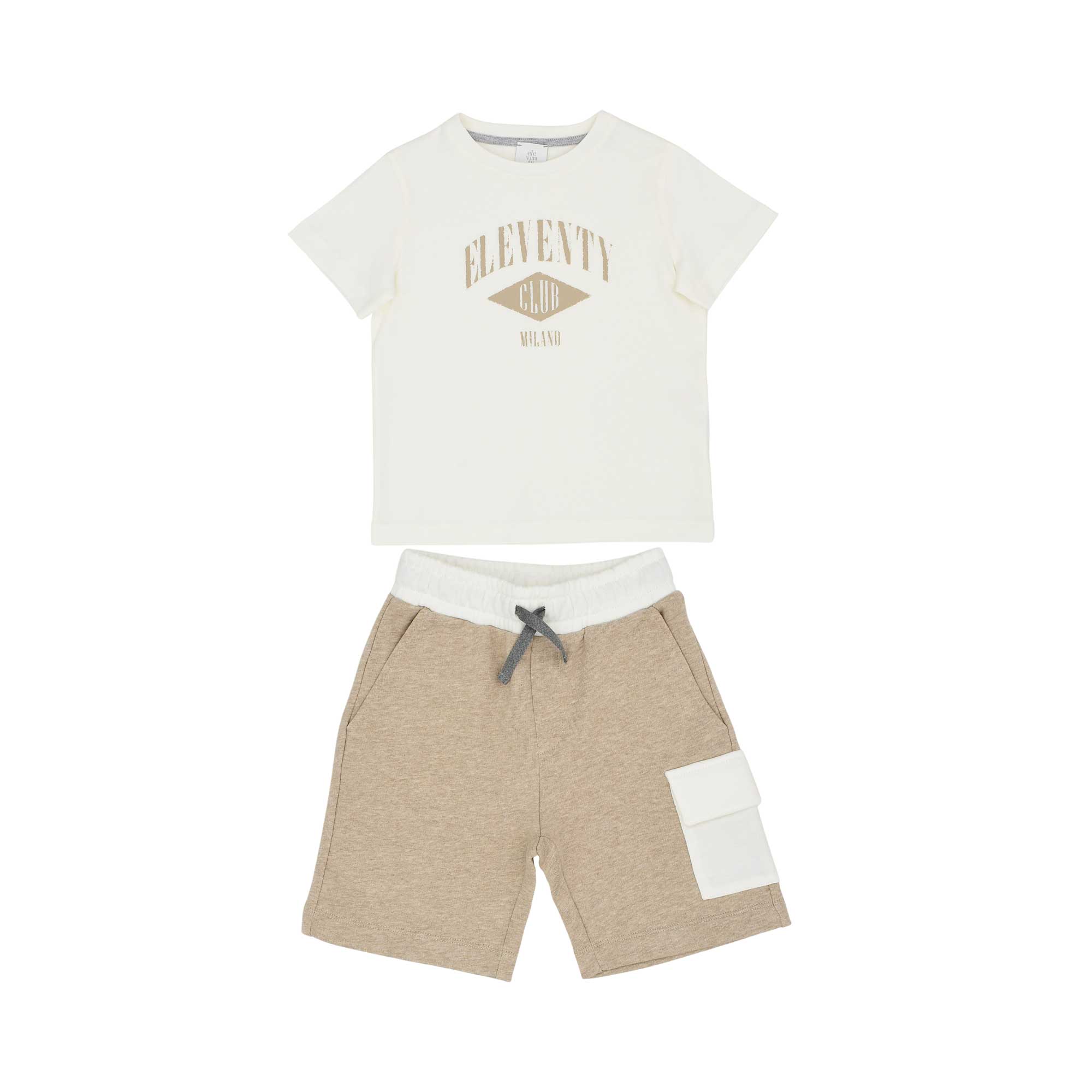 Front view of Eleventy Kids Club Milano set with a graphic T-shirt and sand-colored shorts with a white cargo pocket.