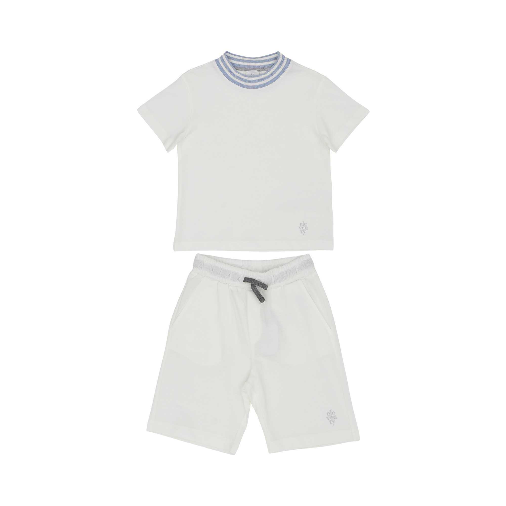Front view of a two-piece Eleventy Kids set featuring an off-white T-shirt with a blue striped neck and matching drawstring shorts.