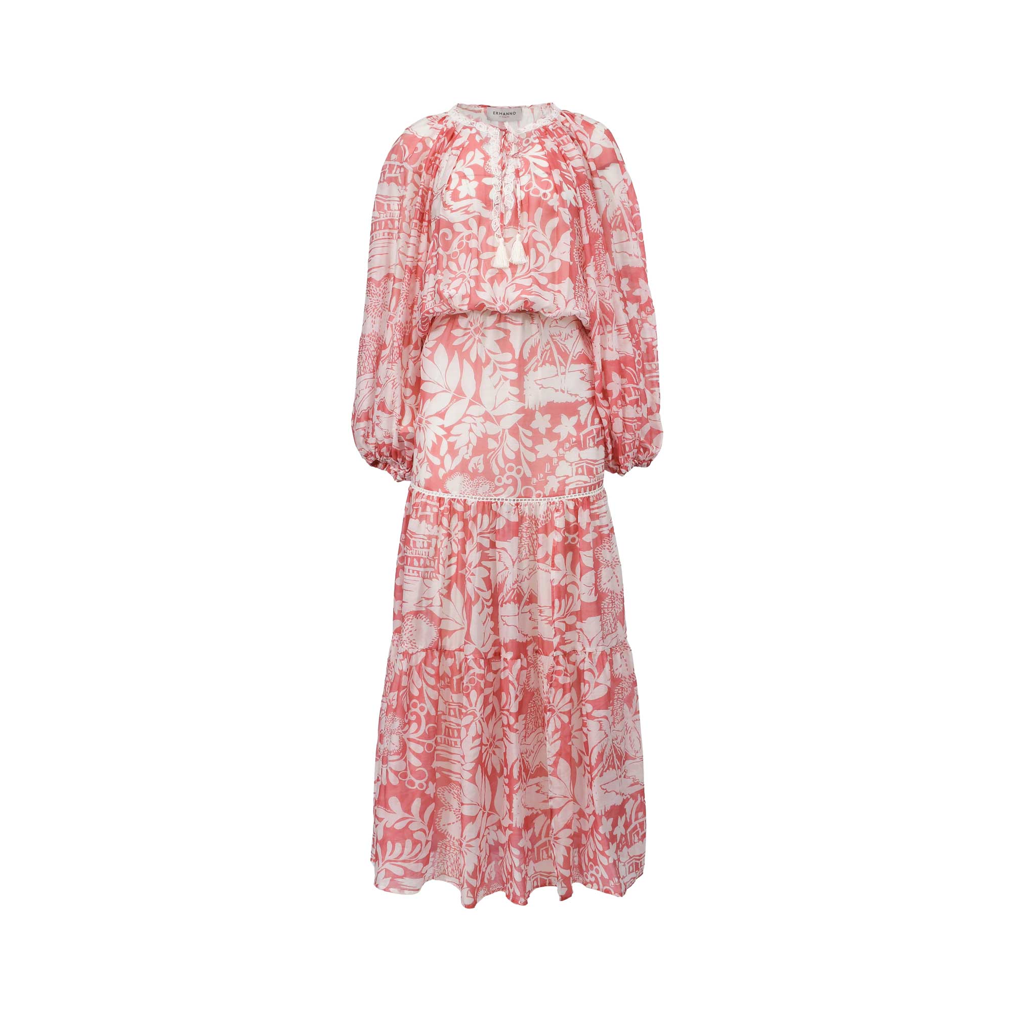 Studio front view of the Ermanno Firenze coral pink patterned maxi dress highlighting its long bishop sleeves, keyhole tie neck, and tiered skirt construction.