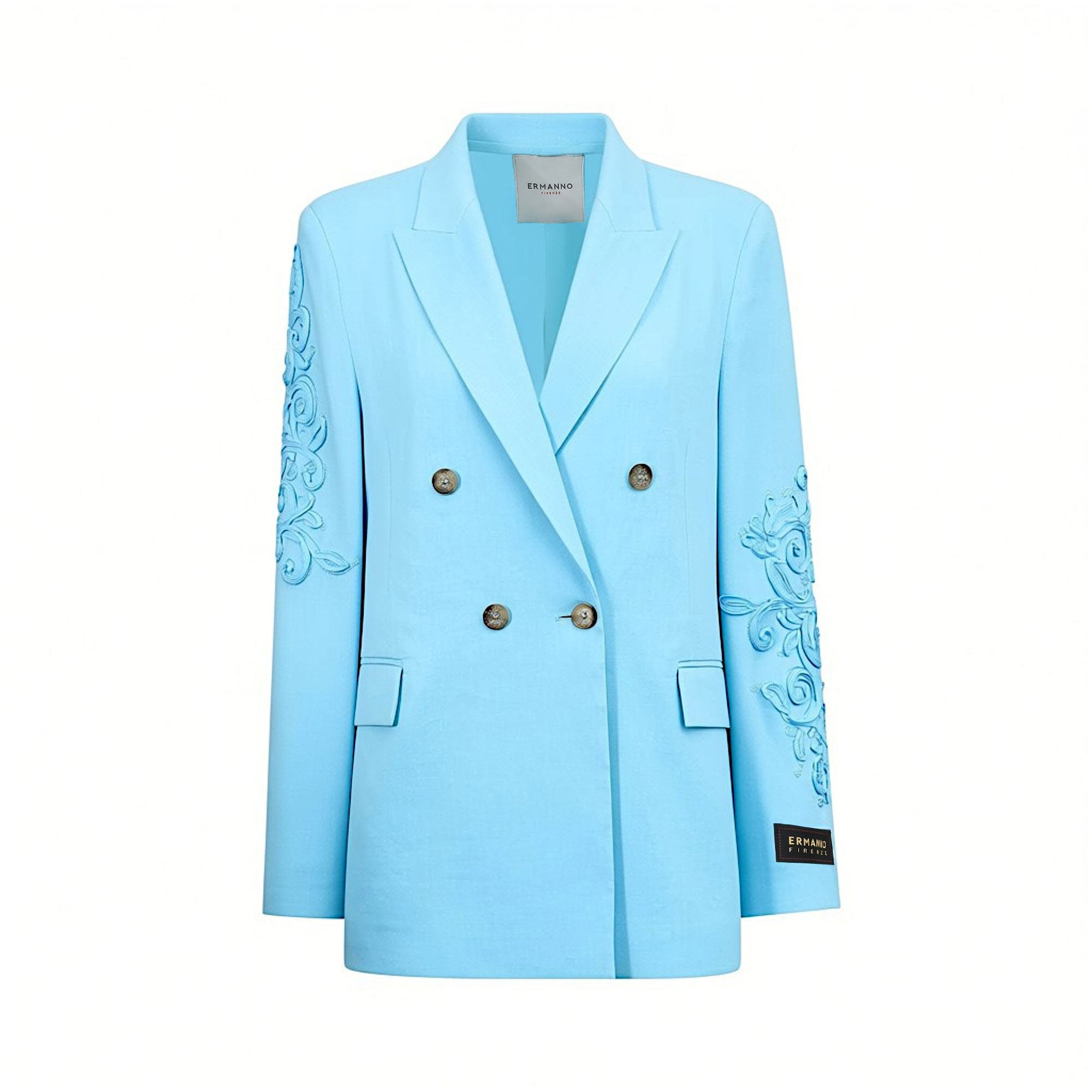 Front view of the Ermanno Firenze light blue double-breasted blazer with embroidered sleeves, showcased at the BLUE SALON shop.