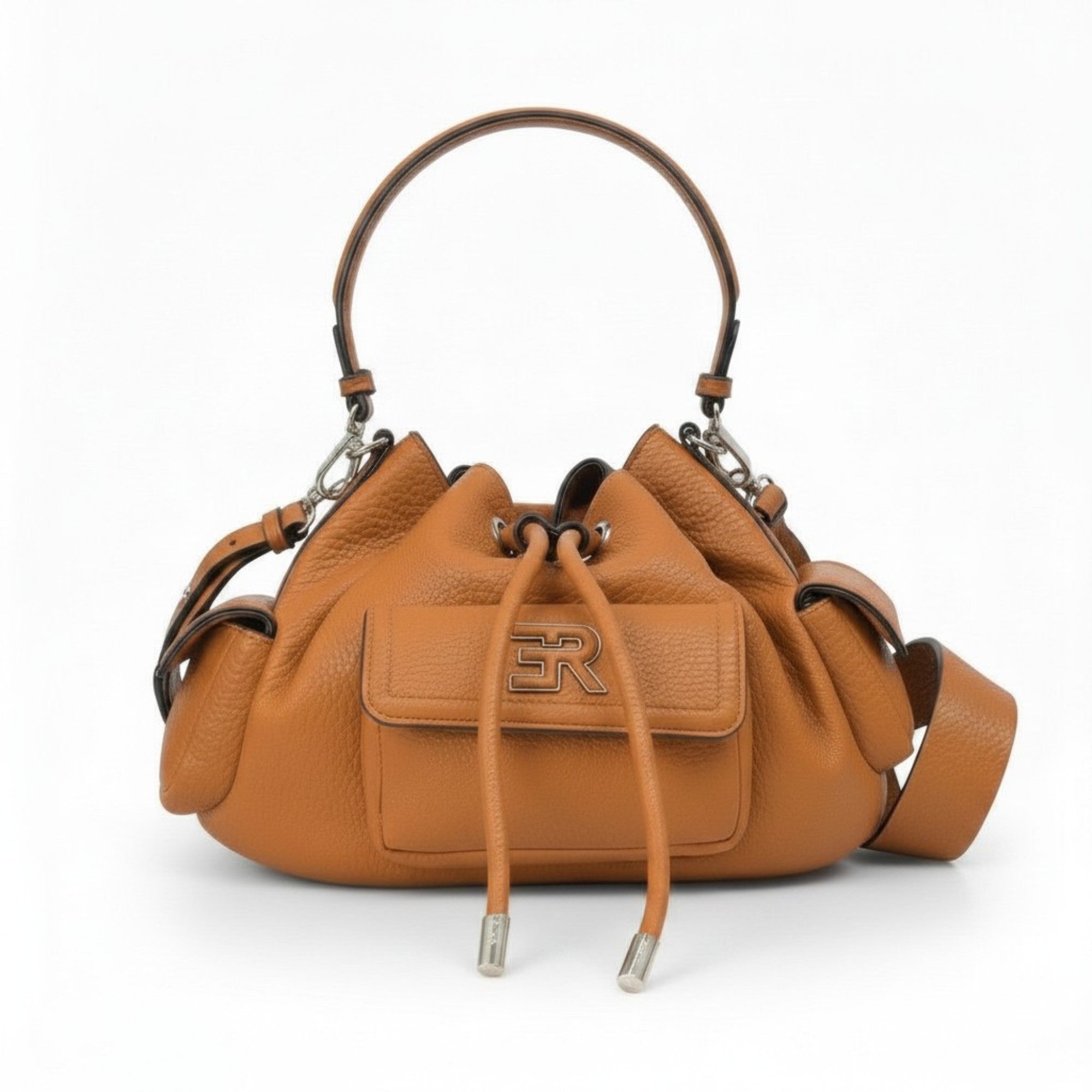 Direct studio front view of the tan Ermanno Firenze grained leather bucket bag from the BLUE SALON shop, highlighting the drawstring closure and the "ER" monogram front pocket.