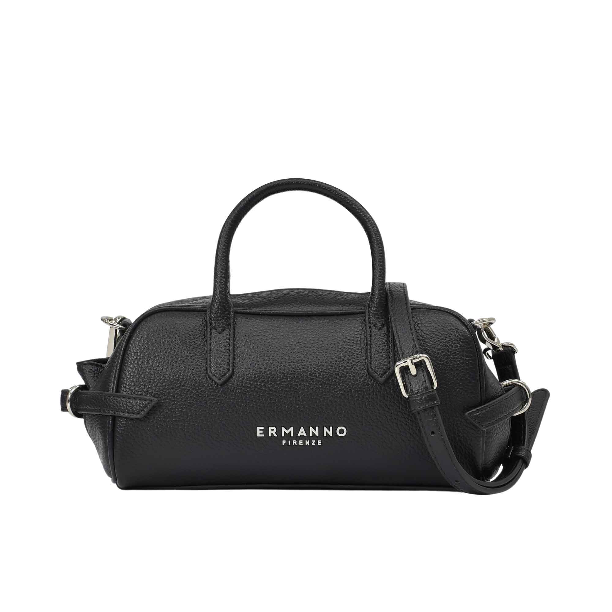 Direct studio front view of the black Ermanno Firenze grained leather Boston bag from the BLUE SALON shop, showcasing the silver foil logo and dual top handles.