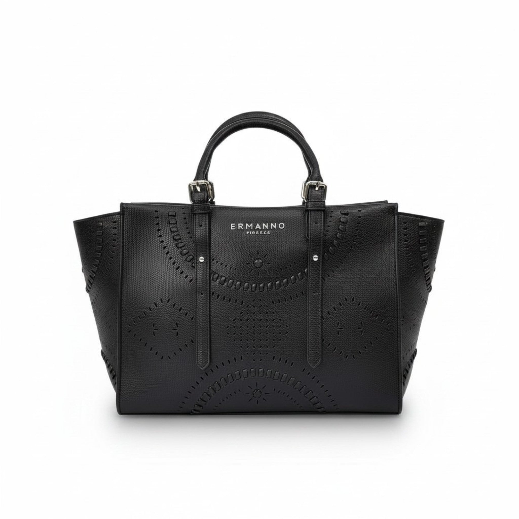 Direct front view of the Ermanno Firenze black handbag at BLUE SALON, focusing on the symmetrical laser-cut geometric embroidery and the metallic silver brand logo.