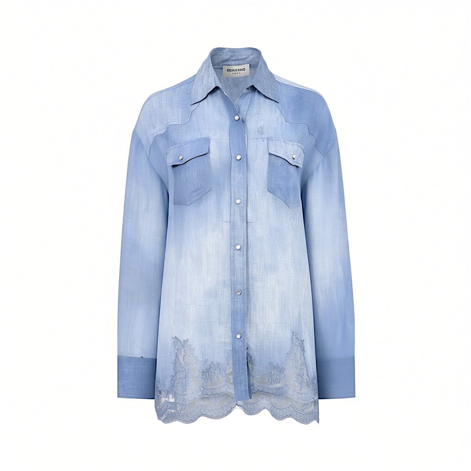 Front studio presentation of the Ermanno Firenze light wash chambray shirt highlighting its western yokes, chest pockets, and intricate floral lace hemline.