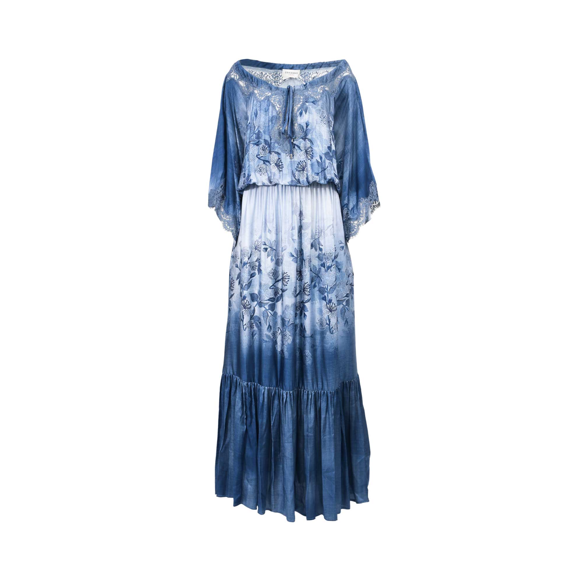 Front view of an Ermanno Firenze maxi dress featuring a blue and white ombré floral print, lace-trimmed wide neckline, and an elastic waist from BLUE SALON shop.