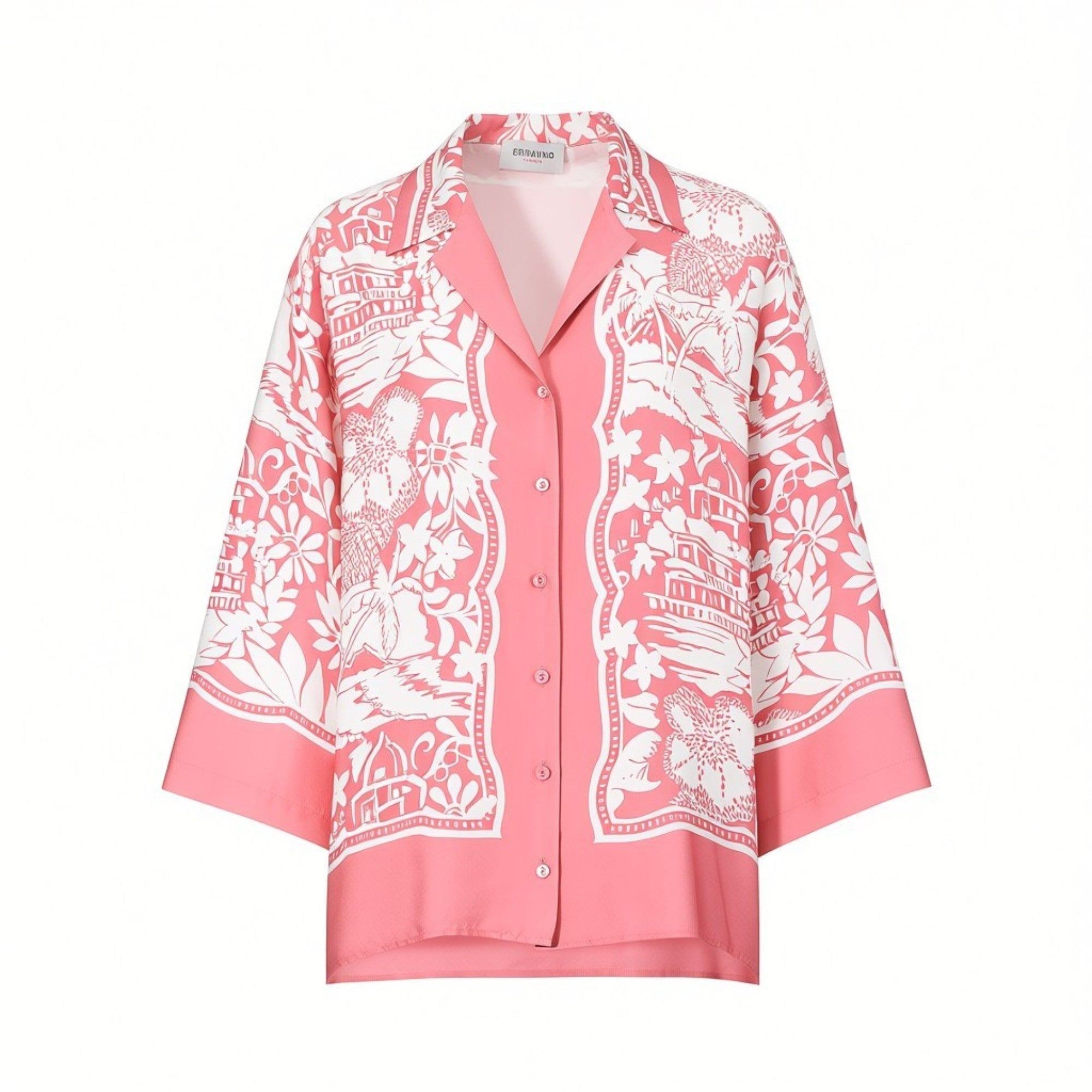 Front studio presentation of the Ermanno Firenze pink Toile de Jouy printed shirt showcasing its notched lapel collar, button closures, and wide sleeves.