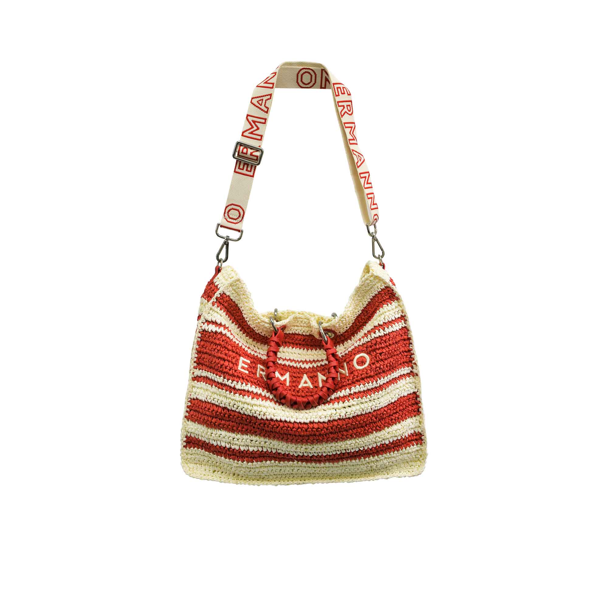 Full hanging view of the Ermanno Firenze red and cream tote bag from BLUE SALON, suspended by its wide adjustable shoulder strap featuring prominent red text branding.
