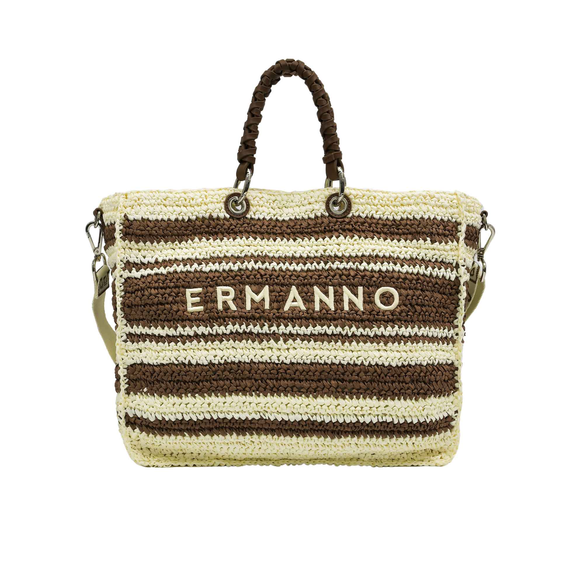 Front view of the Ermanno Firenze tote bag from BLUE SALON with the statement canvas shoulder strap loosely draped over the top handles against a white background.