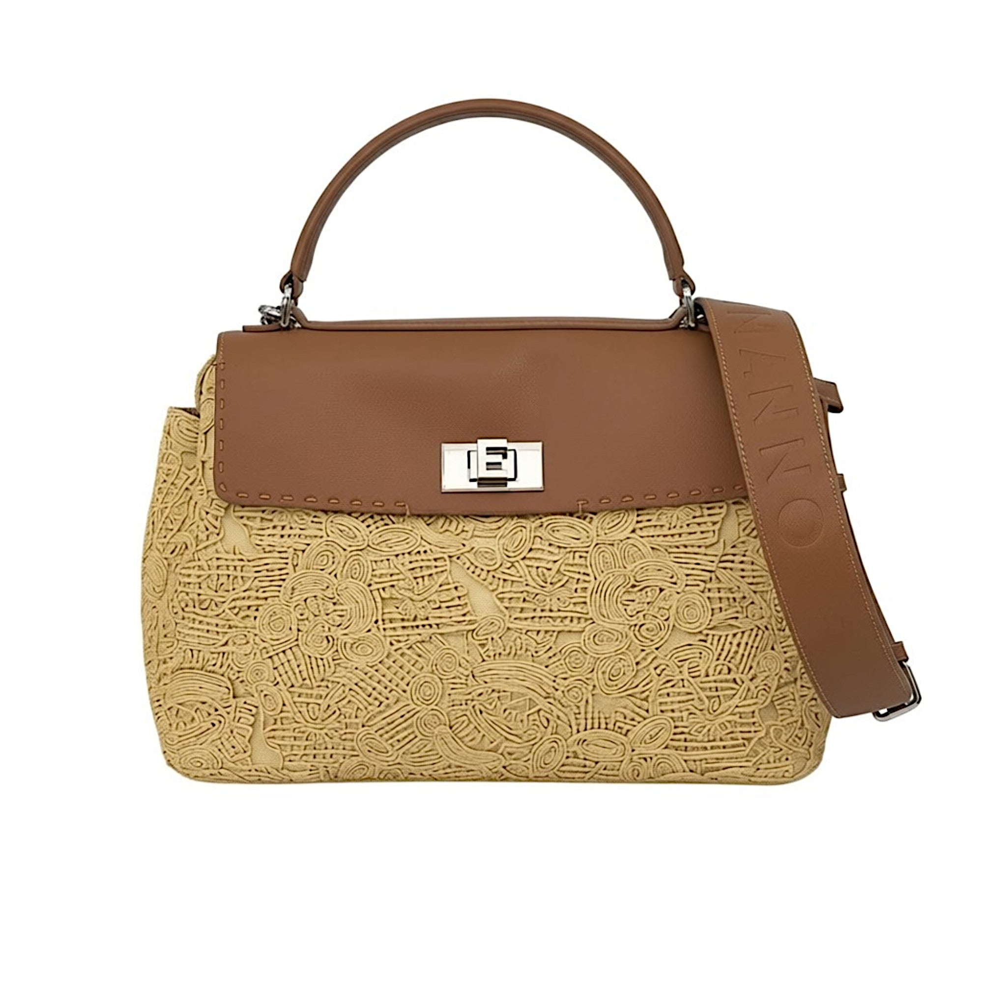 Direct front view of the Ermanno Firenze woven lace handbag from the BLUE SALON shop, showing its cognac leather top flap, silver turn-lock closure, and attached debossed leather shoulder strap.