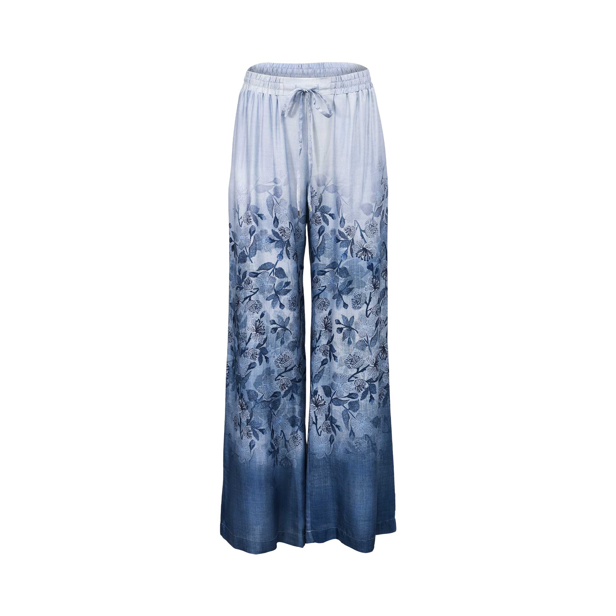 Front view of Ermanno women's wide-leg trousers featuring a blue ombré floral print and elasticated drawstring waistband from BLUE SALON shop.