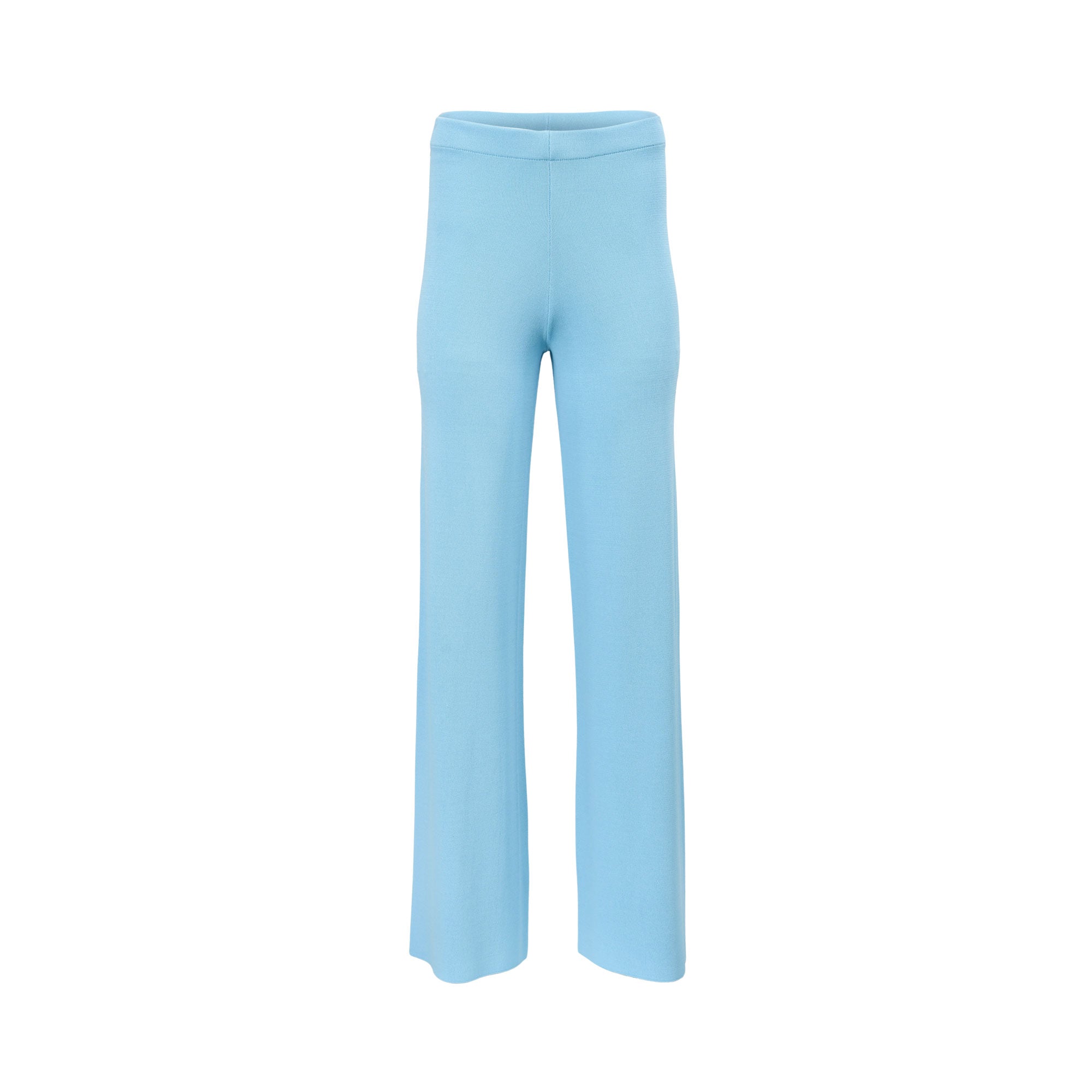 Front view of premium sky blue knit wide-leg trousers by Ermanno featuring a clean elasticated waistband, showcased at BLUE SALON shop.