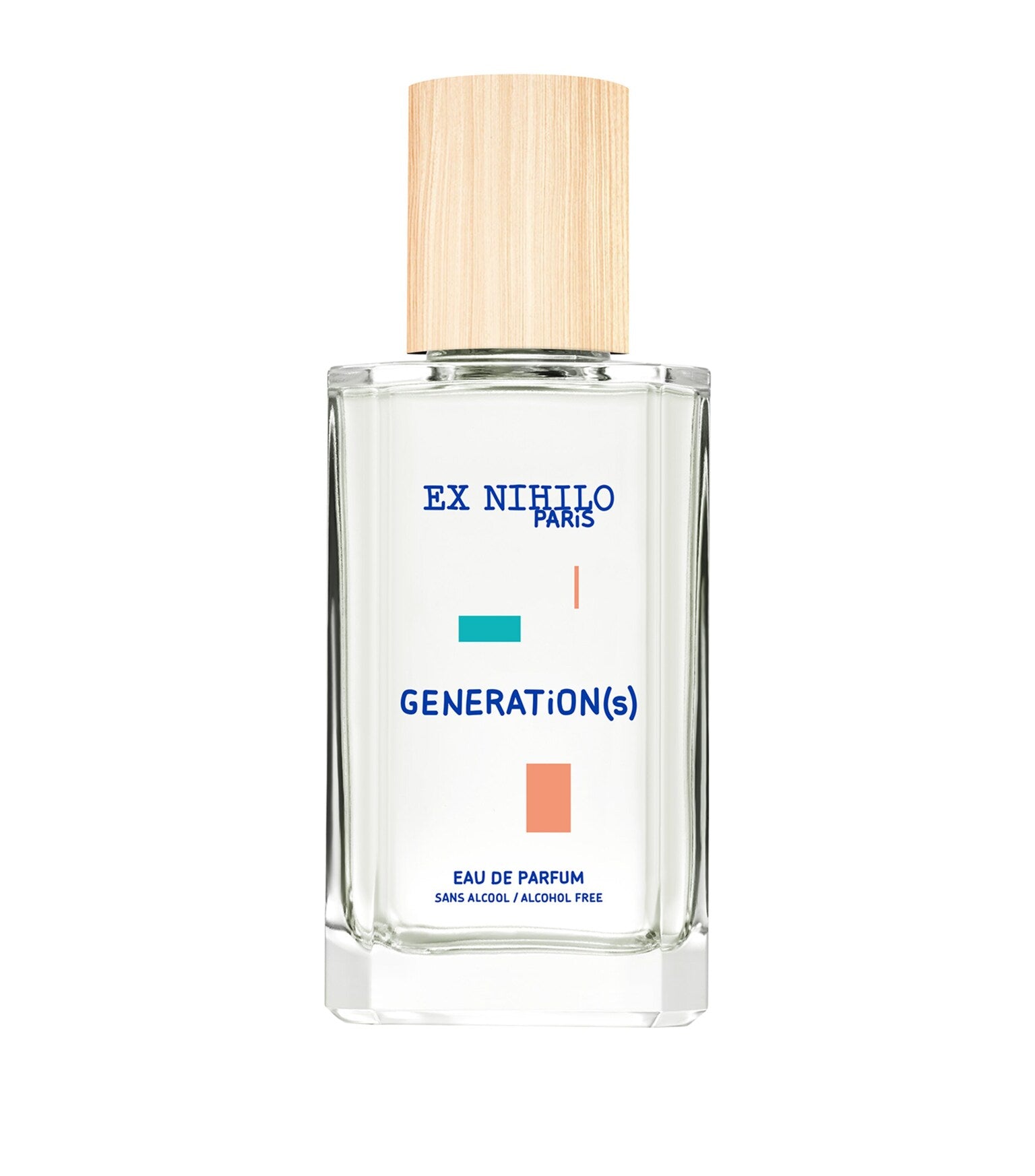 Clear glass bottle of Ex Nihilo Paris Generation(s) Eau de Parfum featuring a minimalist geometric label and a light-grained wooden cap, from blue salon.
