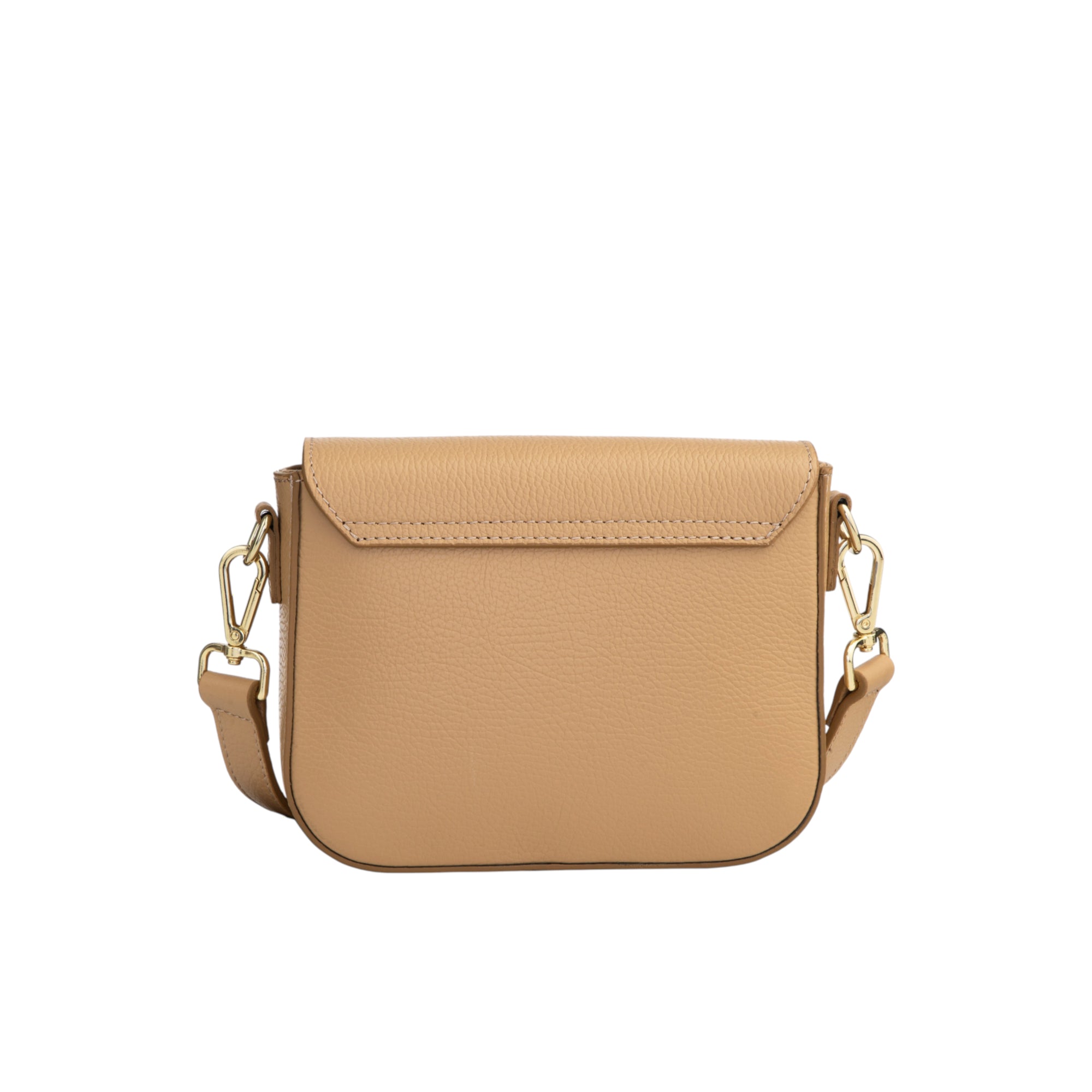 Tan grained leather crossbody bag with a flap closure, visible stitching, and an adjustable strap with gold-toned clasps.