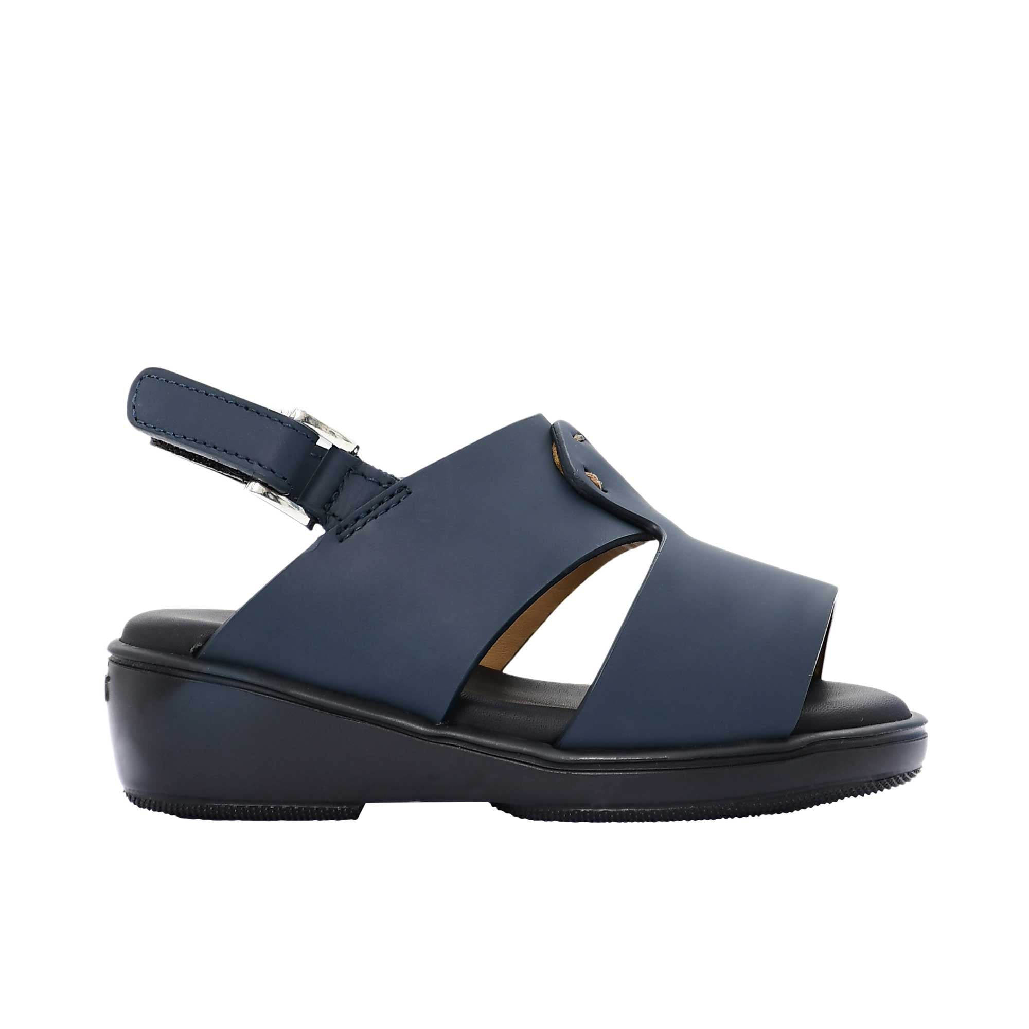 Pair of FARES kids' Arabic-style sandals in matte navy blue leather with adjustable back straps and black cushioned soles on a white background.