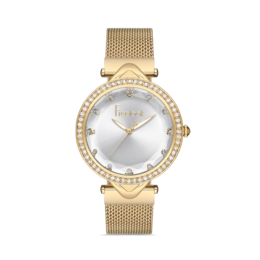 FREELOOK FL.1.10212-3 women's gold mesh watch with silver crystal dial and crystal bezel Shop Now Online