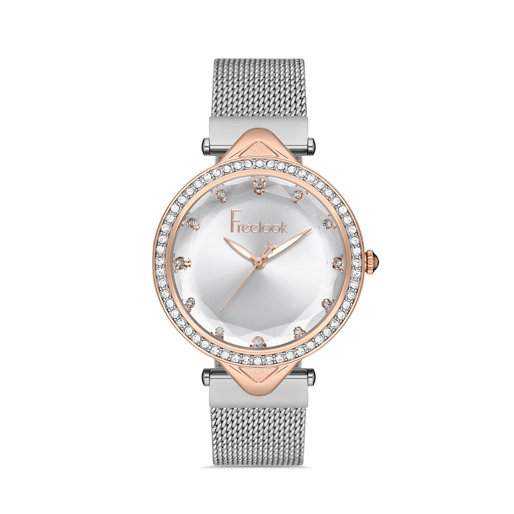 FREELOOK women's two-tone rose gold and silver mesh watch with crystal bezel and silver dial
