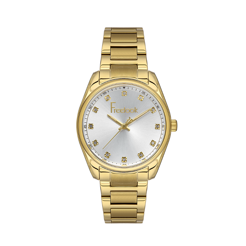 FREELOOK women's gold-tone stainless steel bracelet watch featuring a silver sunray dial with crystal-set hour markers.