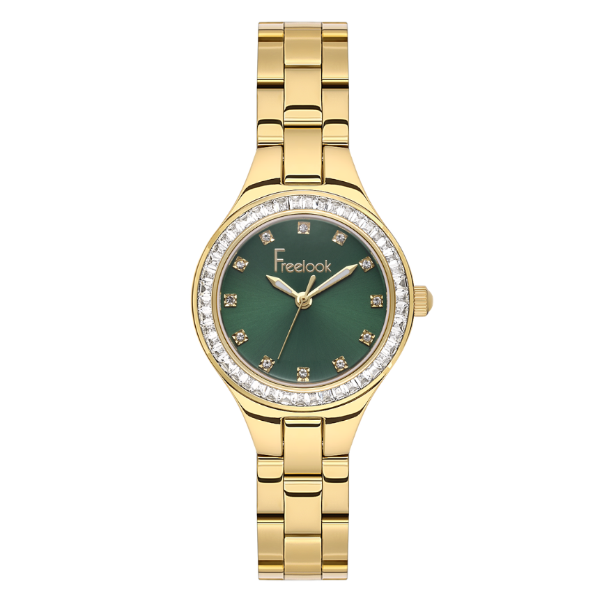 FREELOOK women's gold-tone stainless steel watch with dark green sunray dial, crystal-set hour markers, and crystal bezel.