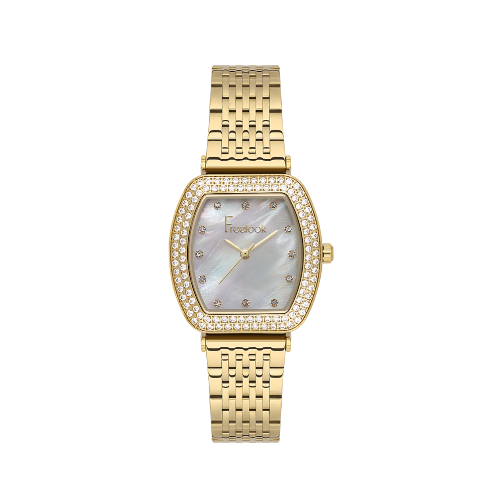 FREELOOK women's gold-tone stainless steel watch featuring a white mother-of-pearl dial, crystal hour markers, and a crystal-set bezel.
