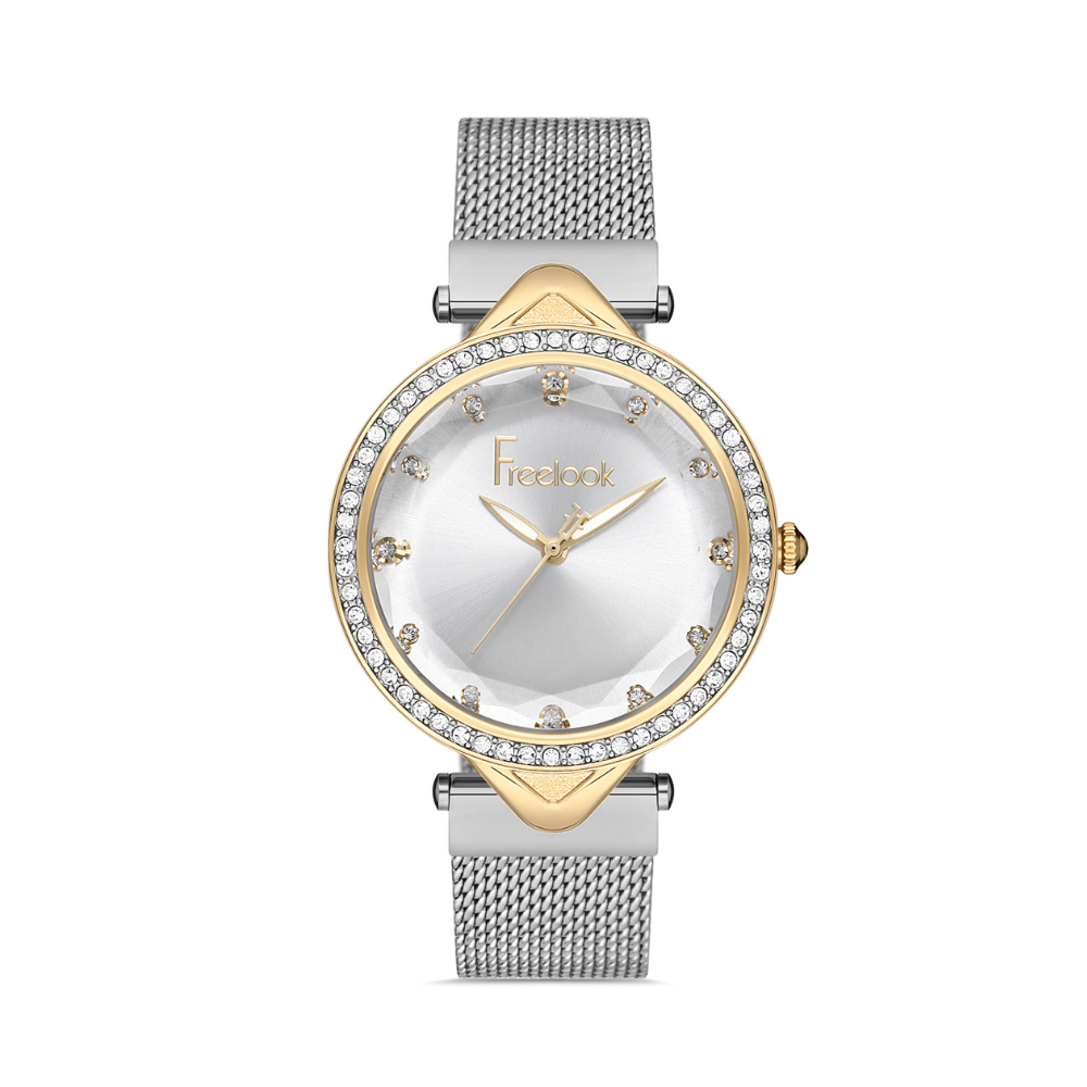 FREELOOK women's crystal watch with gold-tone case, silver dial, and silver mesh bracelet