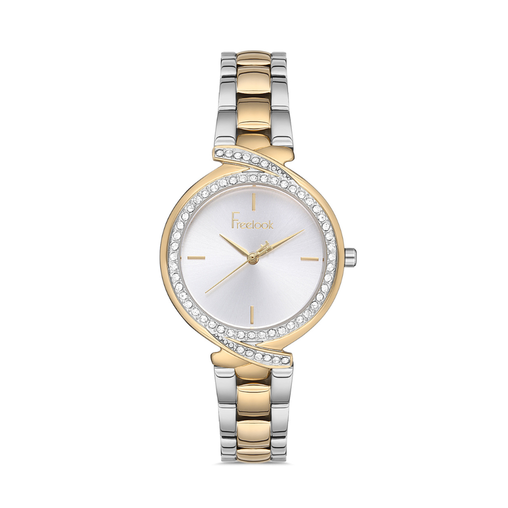 FREELOOK women's two-tone gold and silver bracelet watch with crystal bezel and silver dial