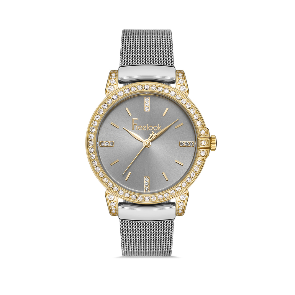 FREELOOK women's gold-tone crystal bezel watch with grey dial and silver mesh bracelet