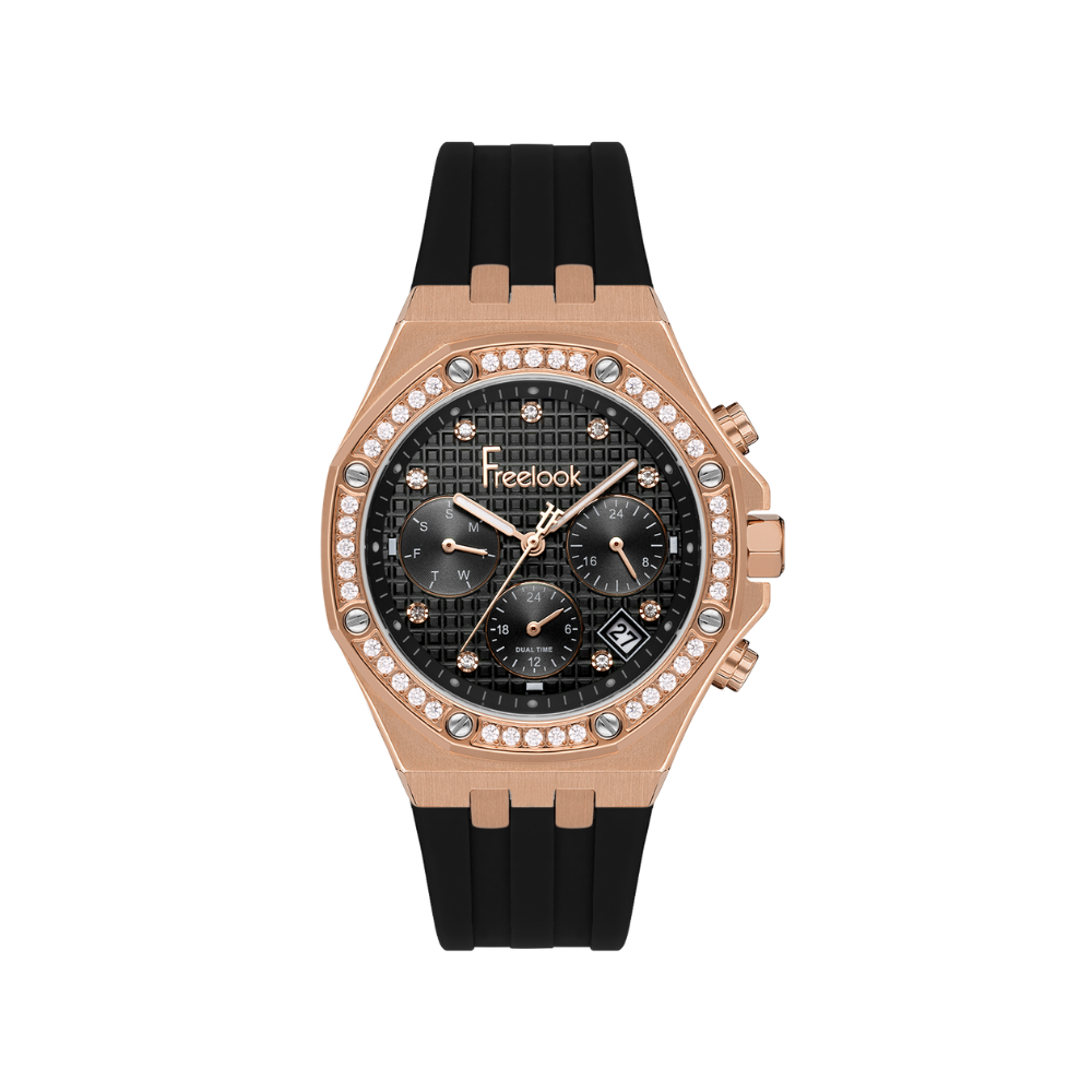 FREELOOK women's rose gold-tone multifunction watch with black textured dial, crystal-set bezel, date display, and black silicone strap.