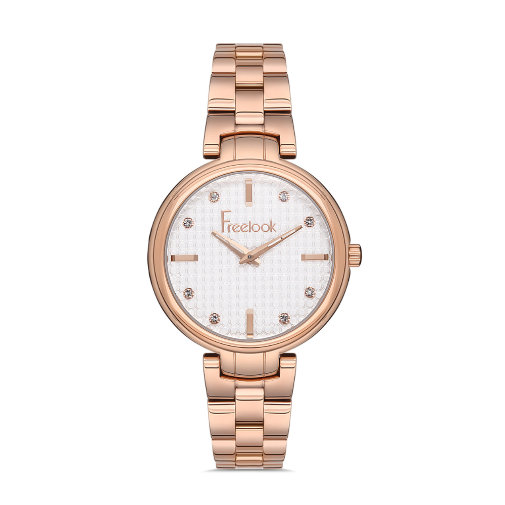 FREELOOK women's rose gold stainless steel watch with silver textured dial and crystal hour markers