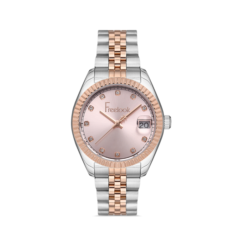 FREELOOK women's two-tone rose gold and silver bracelet watch with pink dial, crystal markers, and date display