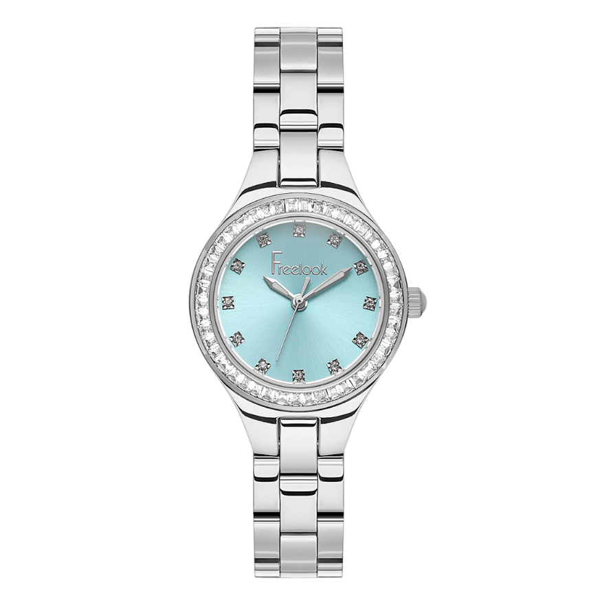 FREELOOK women's silver-tone stainless steel watch featuring an ice blue dial, crystal hour markers, and crystal-set bezel.