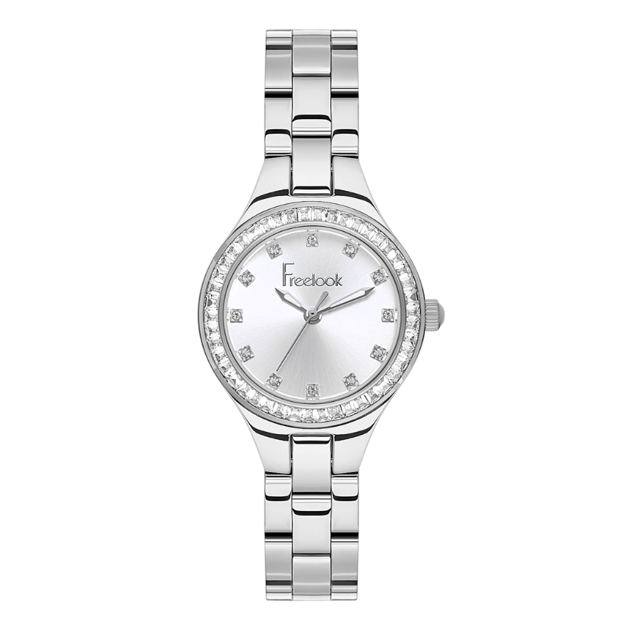 FREELOOK women's silver-tone stainless steel watch featuring a silver dial, crystal hour markers, and a crystal-set bezel.