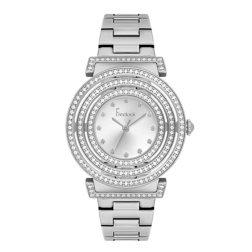 FREELOOK women's silver-tone bracelet watch featuring a silver dial, crystal-set hour markers, and multi-row crystal pavé bezel.