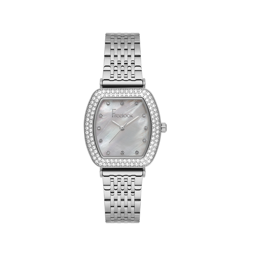 FREELOOK women's silver-tone stainless steel watch featuring a white mother-of-pearl dial, crystal hour markers, and a crystal-set tonneau bezel.