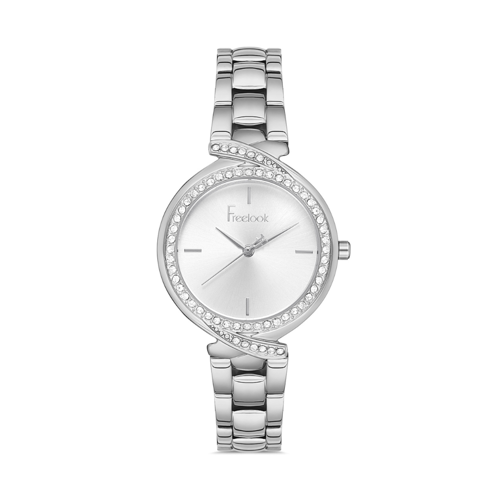 FREELOOK women's silver stainless steel bracelet watch with crystal bezel and silver dial