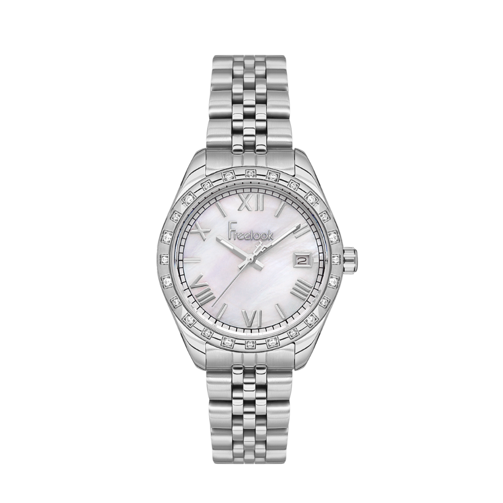 FREELOOK women's silver stainless steel watch with white mother of pearl dial and crystal bezel