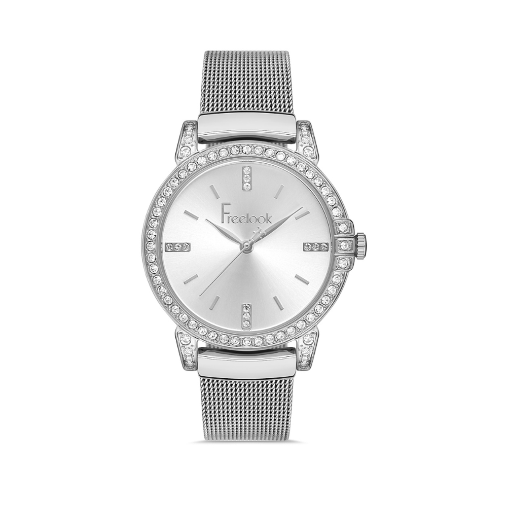 FREELOOK women's silver mesh bracelet watch with crystal bezel, crystal accents, and silver dial