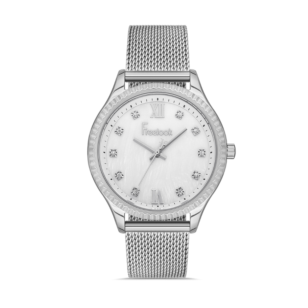 FREELOOK women's silver mesh bracelet watch with crystal markers and silver dial